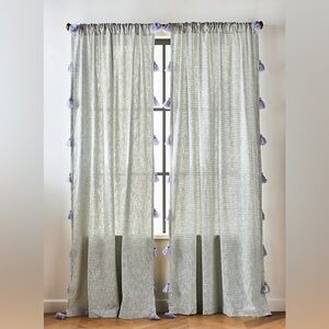 NEW Anthropologie Mindra Stripe Curtain, 50x96”, Green Stripe w/Purple Tassel